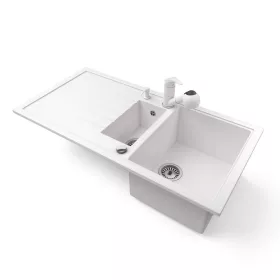   Gránit mosogató - Nero Solarys + kihúzható zuhanyfejes Shower csaptelep + adagoló + dugókiemelő (fehér)