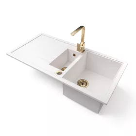   Gránit mosogató - Nero Solarys + Design Gold csaptelep + dugókiemelő (fehér)