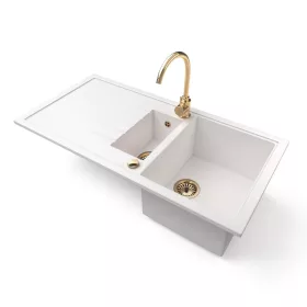   Gránit mosogató - Nero Solarys + Gold csaptelep + dugókiemelő (fehér)