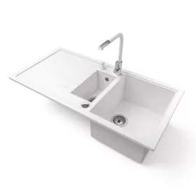   Gránit mosogató - Nero Solarys + kihúzható Linea csaptelep + adagoló + dugókiemelő (fehér)