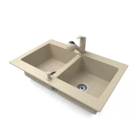   Gránit mosogatótálca NERO Verso + kihúzható zuhanyfejes Shower csaptelep + adagoló (bézs)