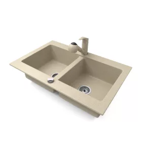   Gránit mosogatótálca NERO Verso + kihúzható zuhanyfejes Shower csaptelep + dugókiemelő (bézs)
