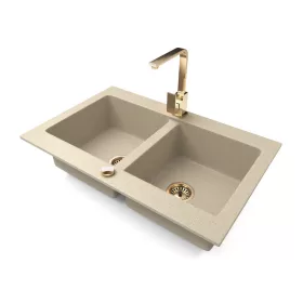   Gránit mosogatótálca NERO Verso + Design Gold csaptelep + dugókiemelő (bézs)