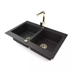   Gránit mosogatótálca NERO Verso + Design Gold csaptelep + dugókiemelő (fekete)