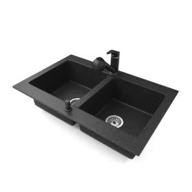   Gránit mosogatótálca NERO Verso + kihúzható zuhanyfejes Shower csaptelep + adagoló (fekete)
