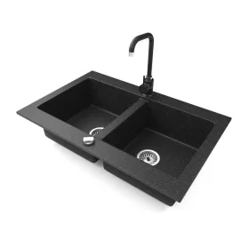   Gránit mosogatótálca NERO Verso + Steel csaptelep + dugókiemelő (fekete)