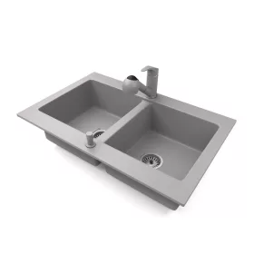   Gránit mosogatótálca NERO Verso + kihúzható zuhanyfejes Shower csaptelep + adagoló (szürke)