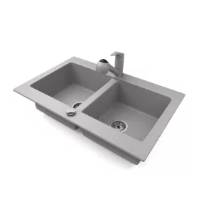   Gránit mosogatótálca NERO Verso + kihúzható zuhanyfejes Shower csaptelep + dugókiemelő (szürke)