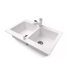   Gránit mosogatótálca NERO Verso + kihúzható zuhanyfejes Shower csaptelep + adagoló (fehér)