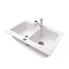   Gránit mosogatótálca NERO Verso + kihúzható zuhanyfejes Shower csaptelep + dugókiemelő (fehér)
