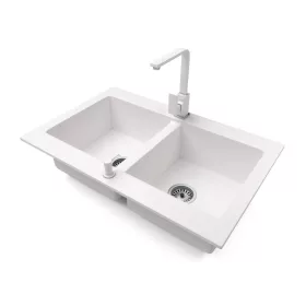   Gránit mosogatótálca NERO Verso + Design csaptelep + adagoló (fehér)
