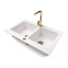   Gránit mosogatótálca NERO Verso + Design Gold csaptelep + dugókiemelő (fehér)