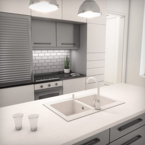 Gránit mosogatótálca NERO Verso + kihúzható zuhanyfejes Snake csaptelep + adagoló (fehér)