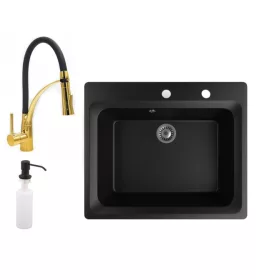   Gránit mosogató NERO Italia + Duo-Flex Gold csaptelep + adagoló (matt fekete)