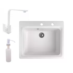   Gránit mosogató NERO Italia + Design csaptelep + adagoló (fehér)